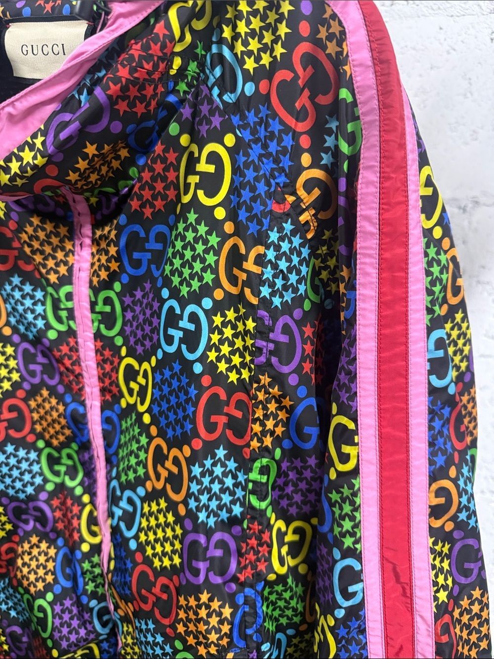 AUTHENTICâGucci Multicolor GG Hooded Windbreaker Pink Trim - Zip Up - Size Small - Picture 2 of 6